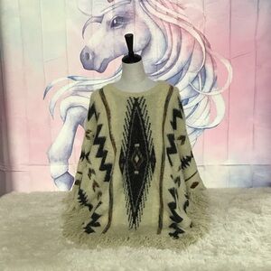 Elegant Cream and Black Geometric Poncho